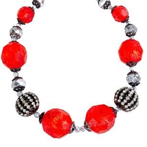 Chunky Red Faceted Bead Statement Necklace with Rhinestone Accents, 1980s Style